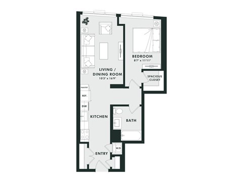 Floor plan for 1 bed, 1 bath, 639 sqft